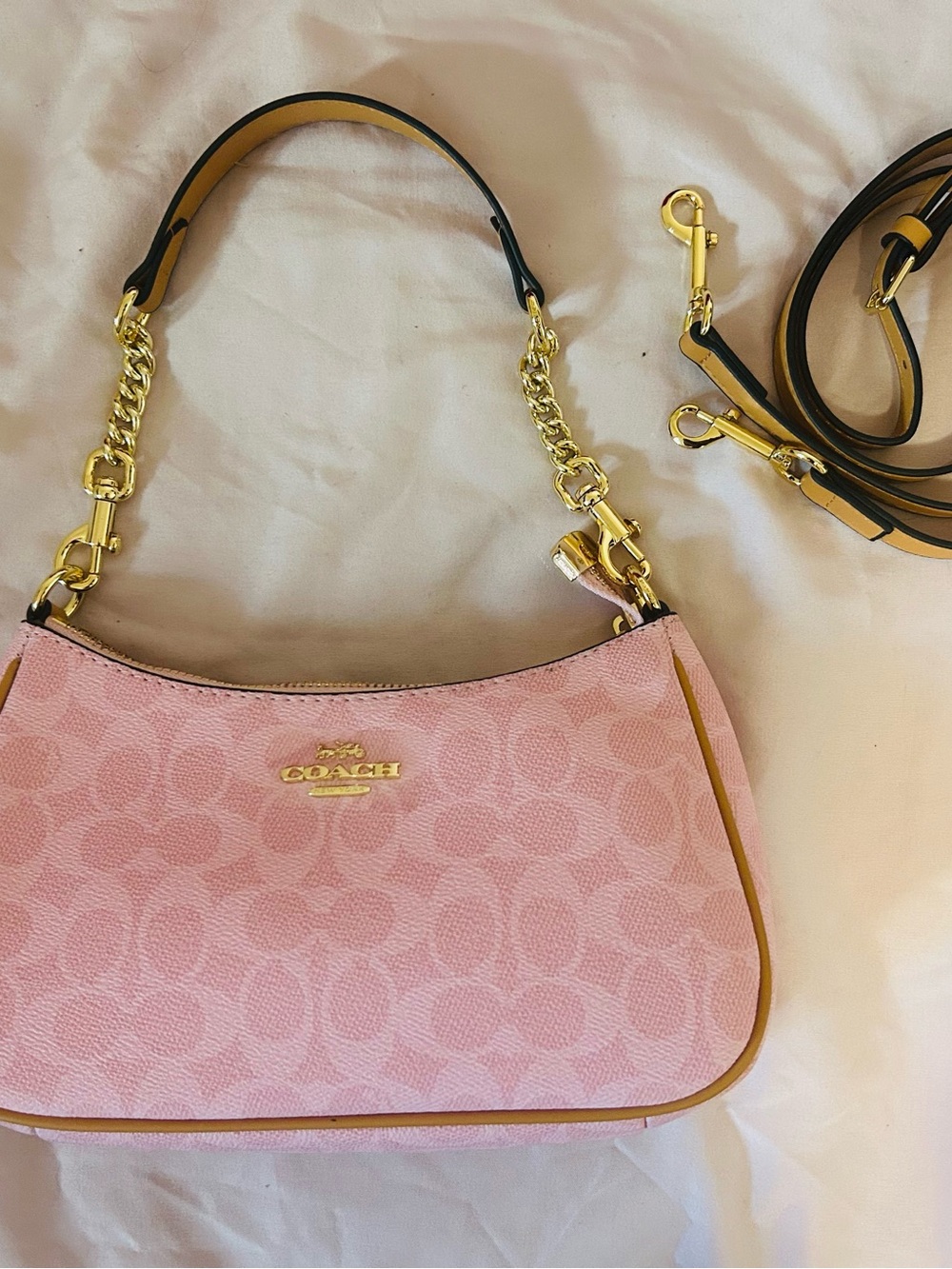 Coach Pink Signature Logo Shoulder Bag with Gold Hardware